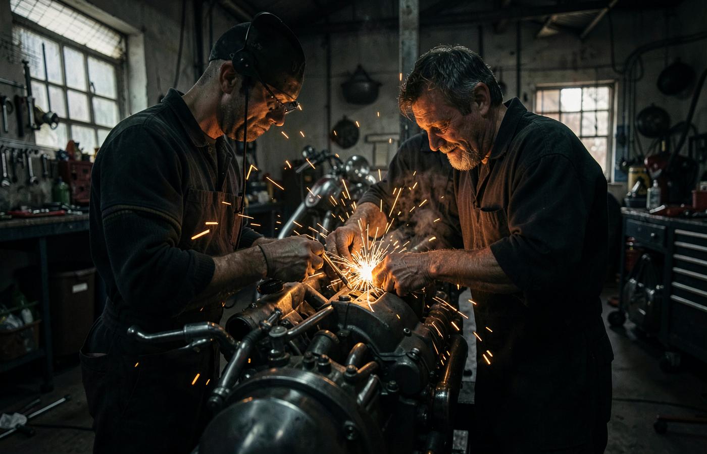 Mechanics working on a motorcycle engine